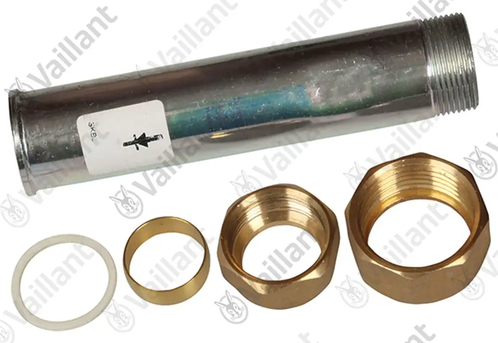 Vaillant Rohr mit Gewindeanschluss und mehreren Messingmuttern sowie Dichtungen für hydraulische Anwendungen, möglicherweise zur Nutzung in Heizsystemen.